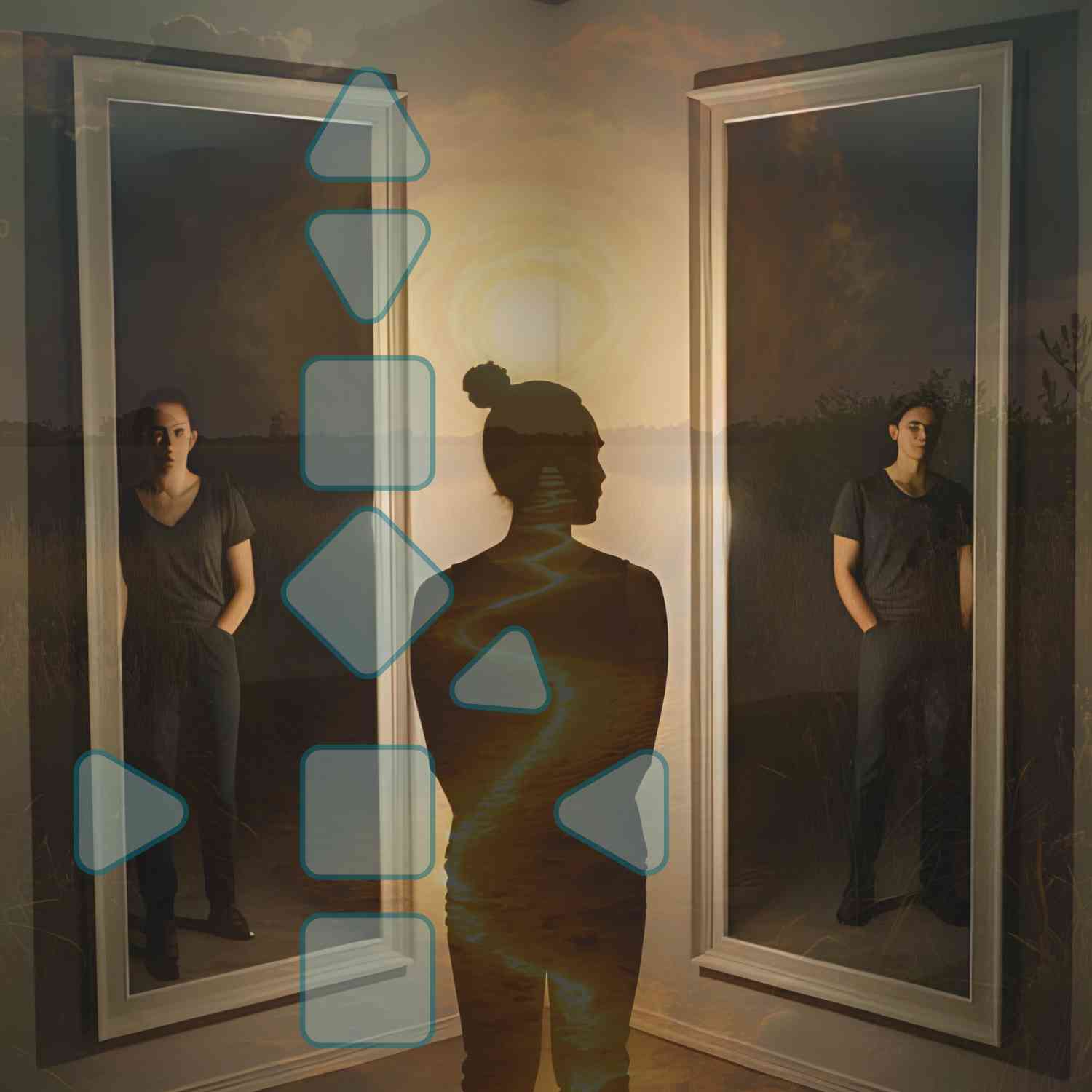 Mensch der vor dem Spiegel des Selbstbilds und des Fremdbild steht