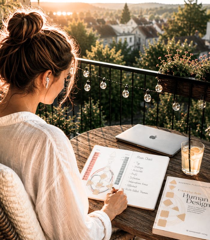 Frau auf dem Balkon mit Blick auf einen Laptop - Summer Camp mit Unterlagen