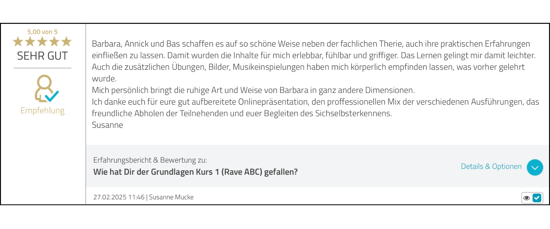 5 Sterne Feedback zum ABC Kurs Susanne Mucke