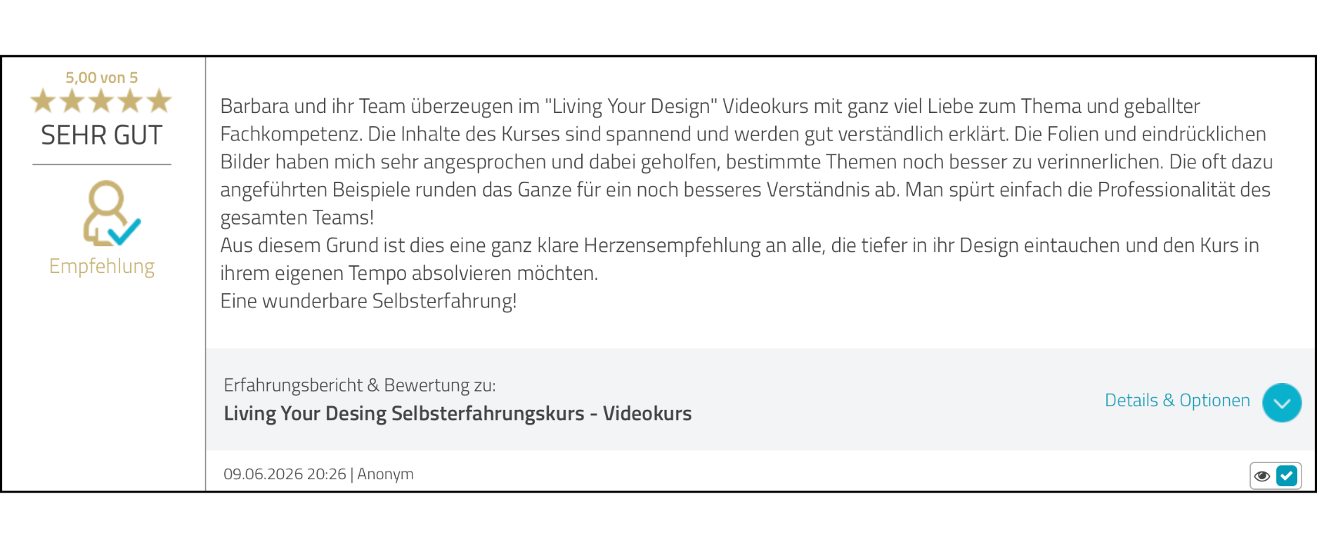 5 Sterne Feedback zum LYD Video Kurs